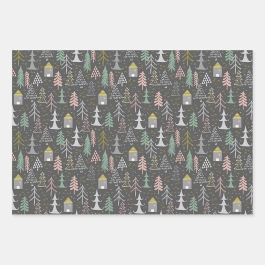 黒板クリスマスツリーとハウスピンクイエロー ラッピングペーパーシート (正面)
