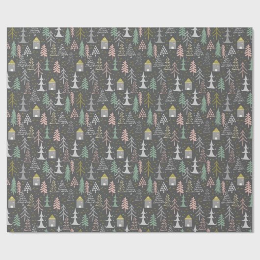 黒板クリスマスツリーとハウスピンクイエロー ラッピングペーパー (フラット)