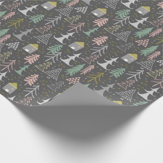 黒板クリスマスツリーとハウスピンクイエロー ラッピングペーパー (角)