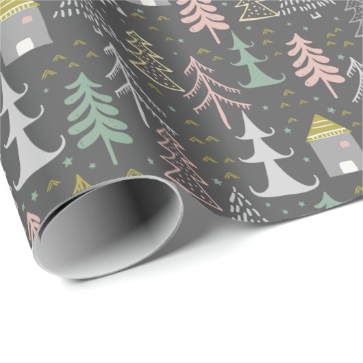 黒板クリスマスツリーとハウスピンクイエロー ラッピングペーパー (ロールコーナー)