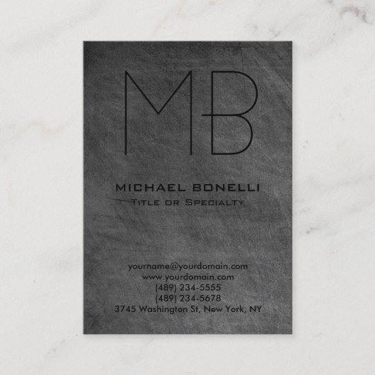 黒板グレーのモノグラムの丸いビジネスカード 名刺 (正面)