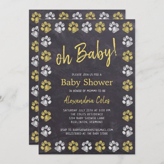 黒板グレーイエローポープリントベビーシャワー 招待状 (正面/裏面)