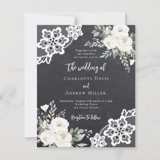 黒板グレーホワイトレース結婚式招待状 (正面)