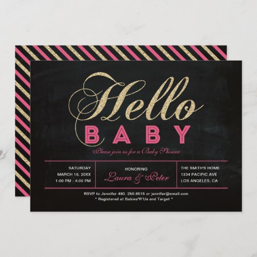 黒板ゴールド | タイポグラフィー ガール ベビーシャワー 招待状 (正面/裏面)