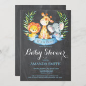 黒板サファリジャングル動物の少年の赤ちゃんシャワー 招待状 (正面/裏面)