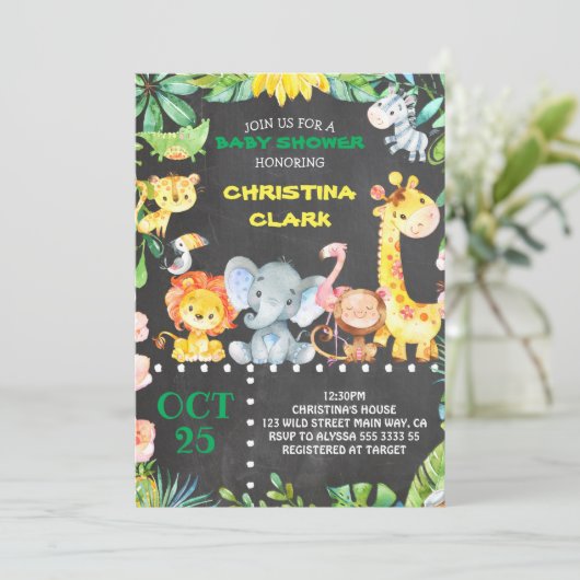 黒板サファリジャングル動物ベビーシャワー 招待状 (スタンド正面)