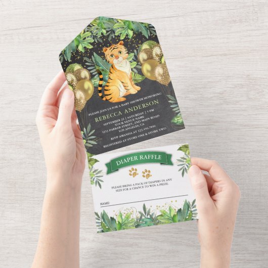 黒板サファリ風船虎の子守り オールインワン招待状 (貼ってはがせる)