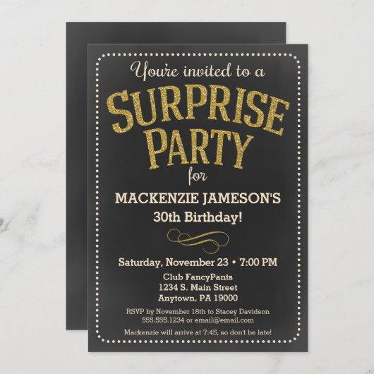 黒板サプライズパーティの招待状男性または女性 招待状 (正面/裏面)