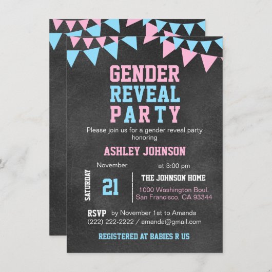 黒板ジェンダーがパーティーの赤ちゃんシャワーを明かす 招待状 (正面/裏面)