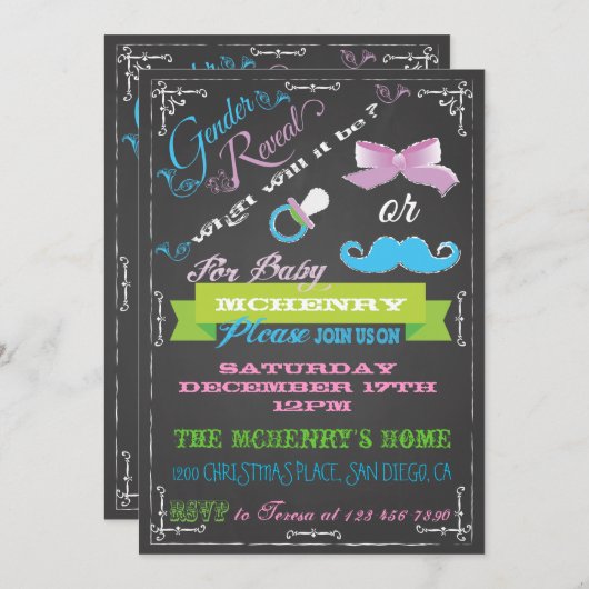黒板ジェンダーの明かすパーティの招待状 招待状 (正面/裏面)