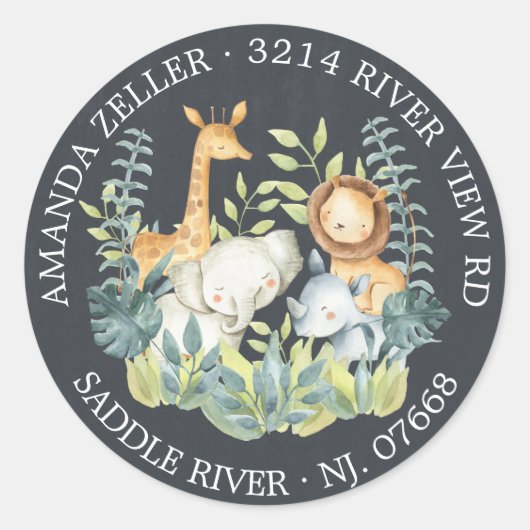 黒板ジャングルベビーシャワー差出人住所ラベル ラウンドシール (正面)