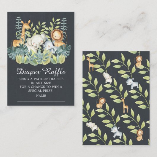 黒板ジャングル動物の赤ちゃんシャワーおむつラッフル エンクロージャーカード (正面/裏面)
