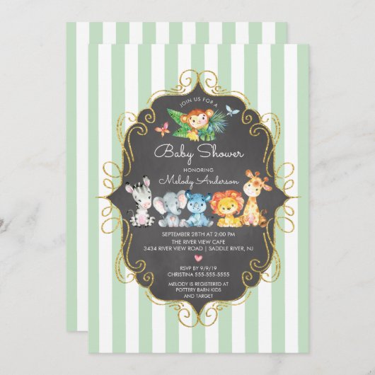 黒板ジャングル動物ニュートラル赤ちゃんシャワー 招待状 (正面/裏面)