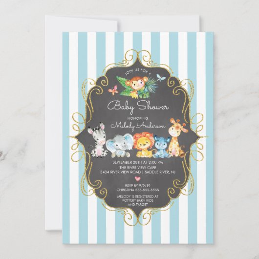 黒板ジャングル動物ボーイズベビーシャワー 招待状 (正面)