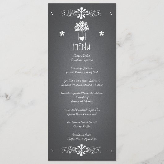 黒板スタイルのメイソンジャー ウェディング レセプション メニュー カード (正面)