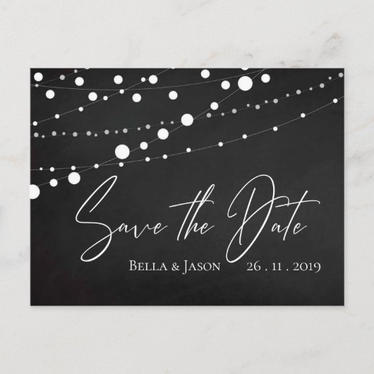 黒板ストリングライトウェディング日付を保存 インビテーションポストカード (正面)
