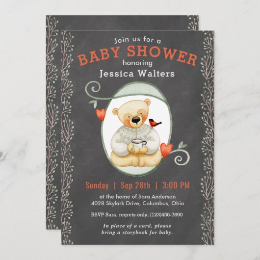 黒板ストーリーブックテディベア赤ちゃんシャワー 招待状 (正面/裏面)