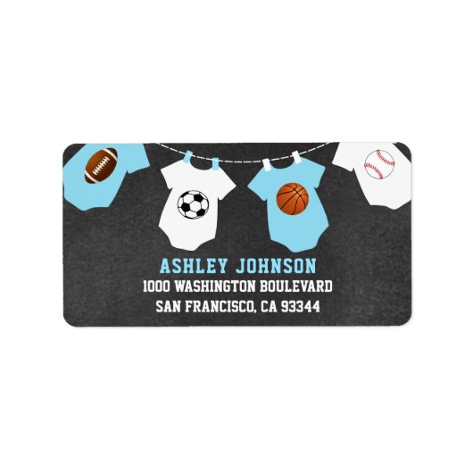 黒板スポーツテーマブルーボーイベビーシャワー ラベル (正面)