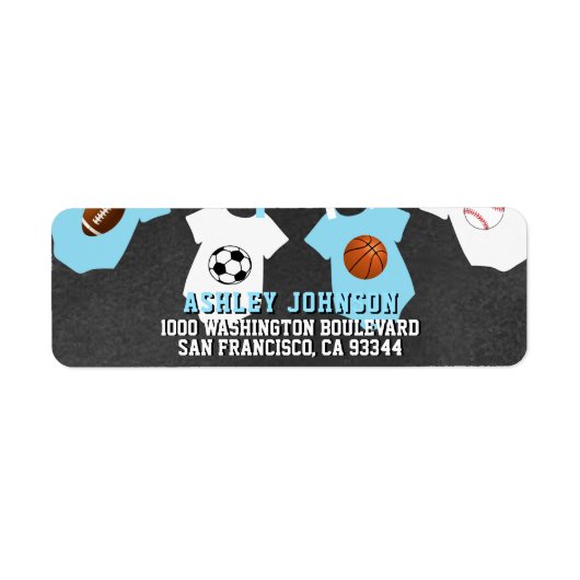 黒板スポーツテーマブルーボーイベビーシャワー ラベル (正面)