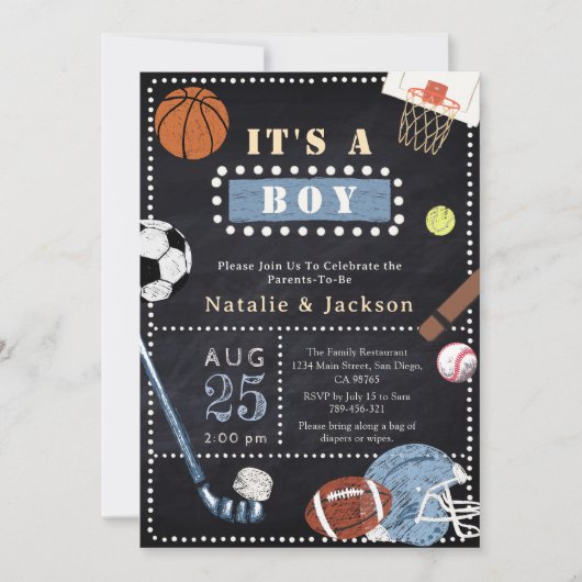 黒板スポーツテーマ男の赤ちゃんシャワー招待状 招待状 (正面)