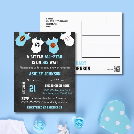 黒板スポーツリトルオールスター赤ちゃんシャワー ポストカード