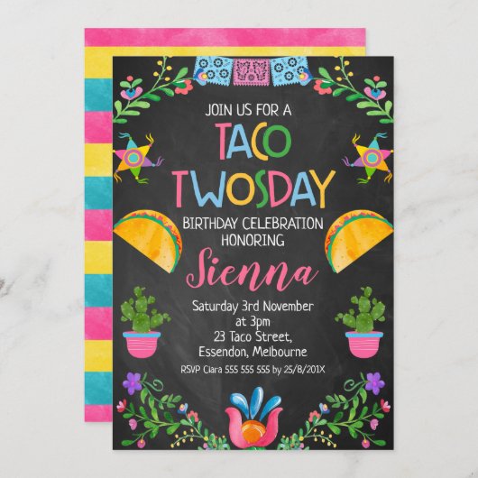 黒板タコTwosdayメキシコ2回目の誕生日 招待状 (正面/裏面)
