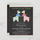 黒板ツインボーイとガールキリン赤ちゃんシャワー 招待状 (正面/裏面)