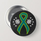 黒板ティール（緑がかった色）及びライムグリーンリボン 缶バッジ (正面&裏面)