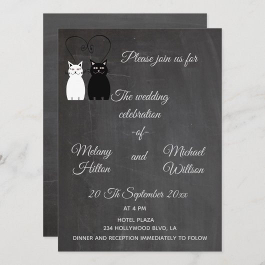 黒板トレンディーおもしろい可愛い猫の結婚カップル 招待状 (正面/裏面)