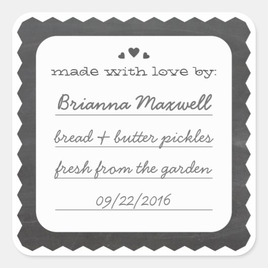黒板ハートフードギフトラベル正方形ステッカー スクエアシール (正面)