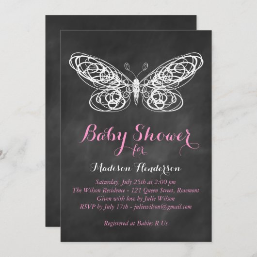 黒板バタフライベビーシャワー招待状-ピンク 招待状 (正面/裏面)