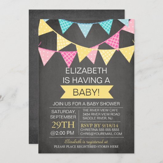 黒板バンティン男女兼用グ赤ちゃんシャワー 招待状 (正面/裏面)