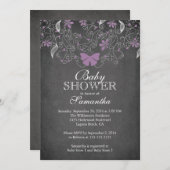 黒板パープルバタフライガールベビーシャワー 招待状 (正面/裏面)