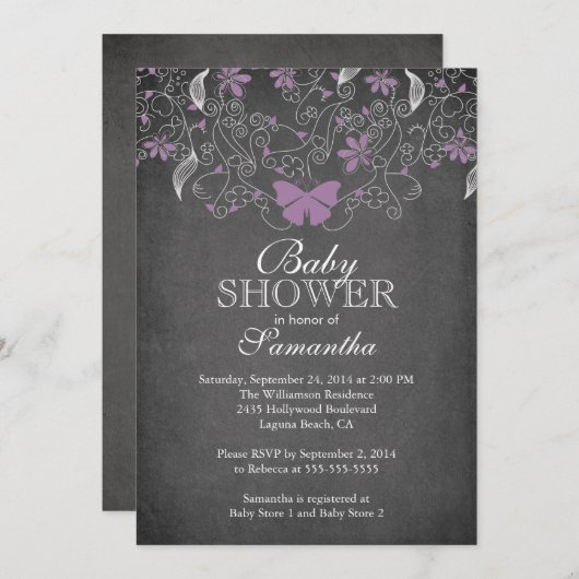 黒板パープルバタフライガールベビーシャワー 招待状 (正面/裏面)