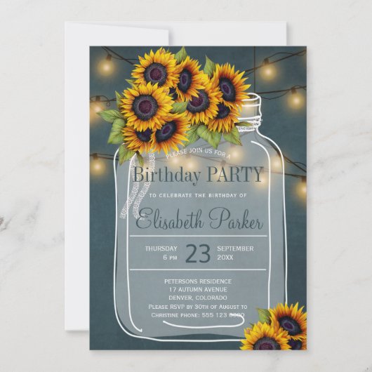 黒板ヒマワリのメイスンジャー誕生日パーティー 招待状 (正面)