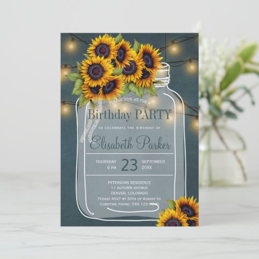 黒板ヒマワリのメイスンジャー誕生日パーティー 招待状 (スタンド正面)