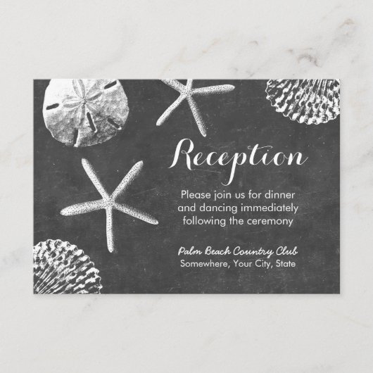 黒板ビーチテーマの貝殻 ウェディングレセプション エンクロージャーカード (正面)