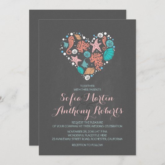 黒板ビーチ結婚式誘発海ハート 招待状 (正面/裏面)