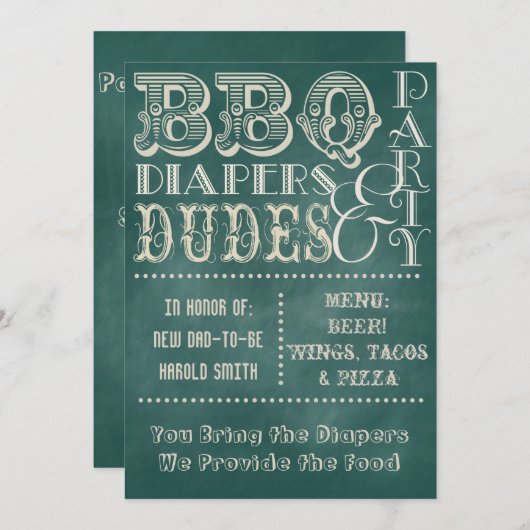 黒板ビールオムツとDUDESベビーシャワー3 招待状 (正面/裏面)