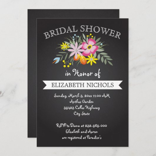 黒板ピンクの花結婚のブライダルシャワー 招待状 (正面/裏面)