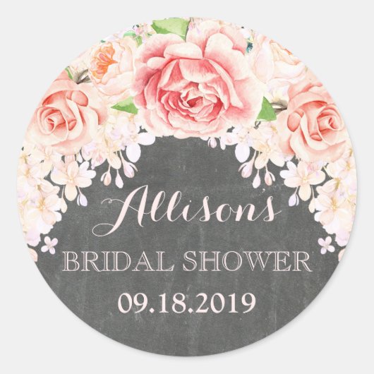 黒板ピンクウォーターカラーフラワーズブライダルシャワー ラウンドシール (正面)