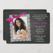 黒板ピンクボウリボンレース写真卒業 招待状 (正面/裏面)