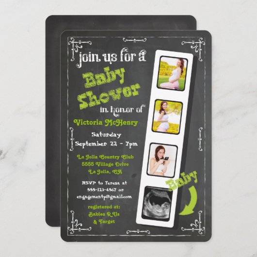 黒板フィルムストリップ超音波ベビーシャワー 招待状 (正面/裏面)