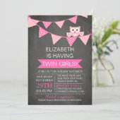 黒板フクロウの双子の女の子ベビースシャワー 招待状 (スタンド正面)