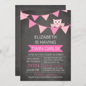 黒板フクロウの双子の女の子ベビースシャワー 招待状 (正面/裏面)