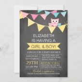 黒板フクロウの双子ガールボーイ男の子の赤ちゃんシャワー 招待状 (正面)