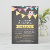 黒板フクロウの双子ガールボーイ男の子の赤ちゃんシャワー 招待状 (スタンド正面)