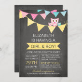 黒板フクロウの双子ガールボーイ男の子の赤ちゃんシャワー 招待状 (正面/裏面)