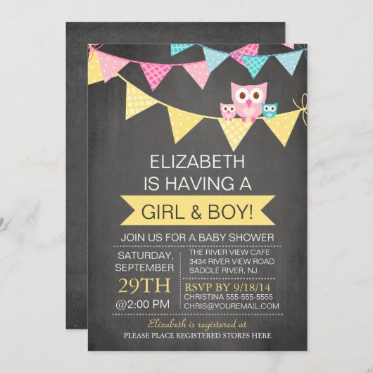 黒板フクロウの双子ガールボーイ男の子の赤ちゃんシャワー 招待状 (正面/裏面)