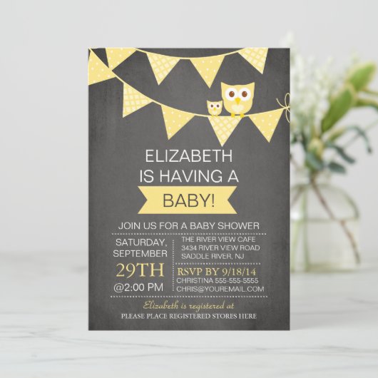 黒板フクロウの赤男女兼用ちゃんシャワー 招待状 (スタンド正面)